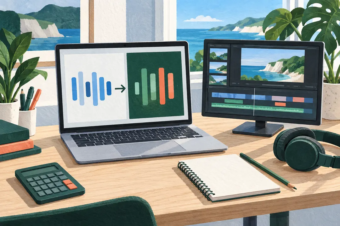Illustration of a laptop with abstract input-output bars and a monitor with a video-editing timeline.
