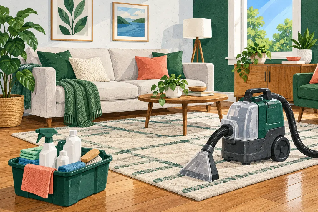 Illustration of a bright living room, carpet extractor and organized cleaning supplies.