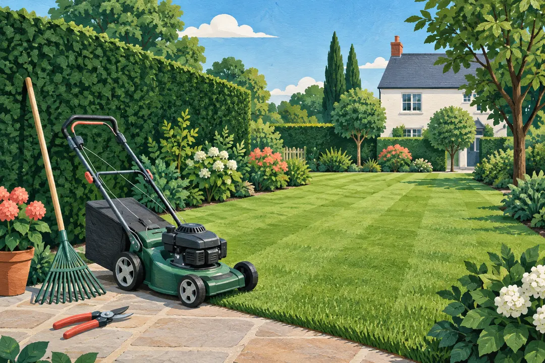 Illustration of a green lawn, parked push mower, rake and pruning shears.