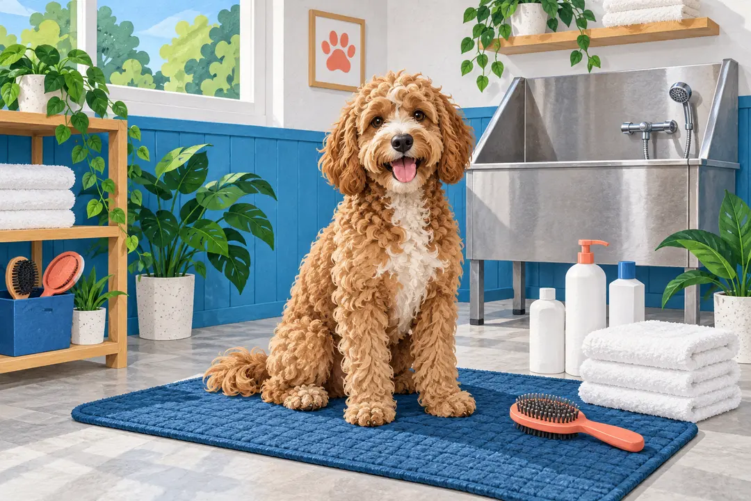 Illustration of a calm curly-coated dog beside brushes, towels and a pet washing basin.