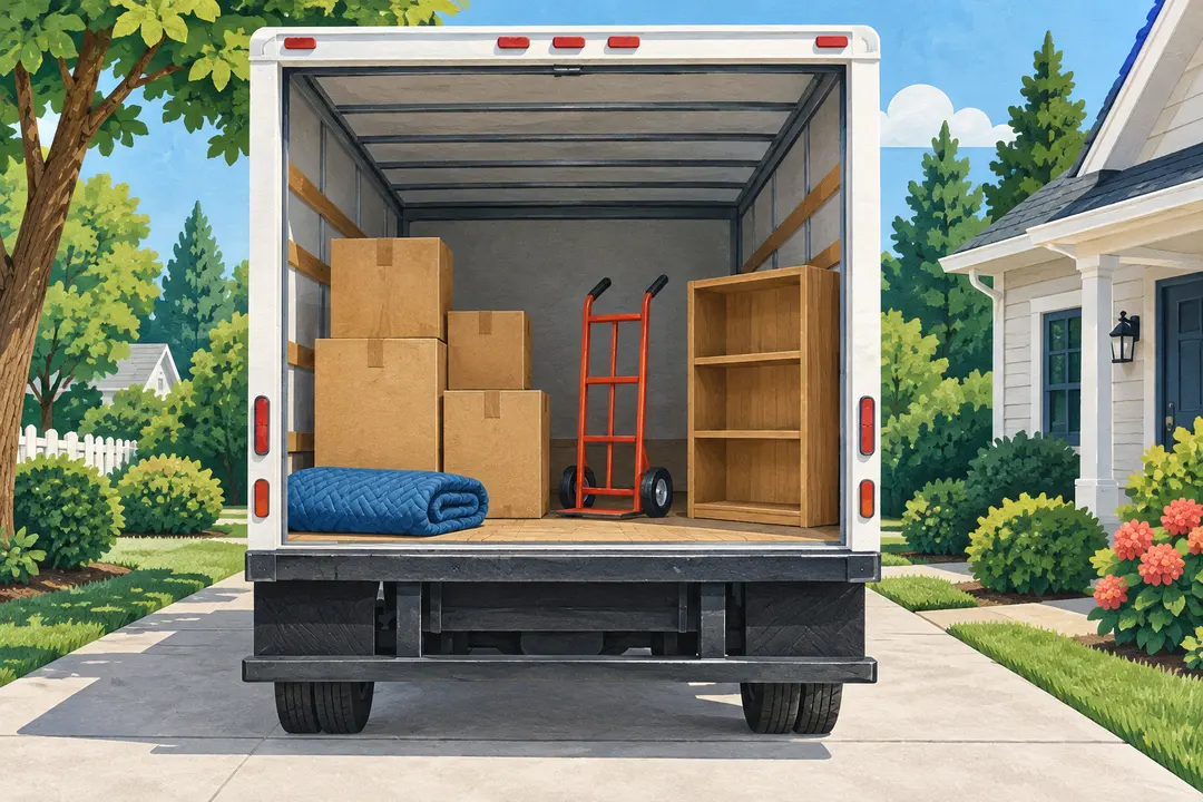 Illustration of an open moving truck with boxes, a hand truck, moving blanket and bookshelf.