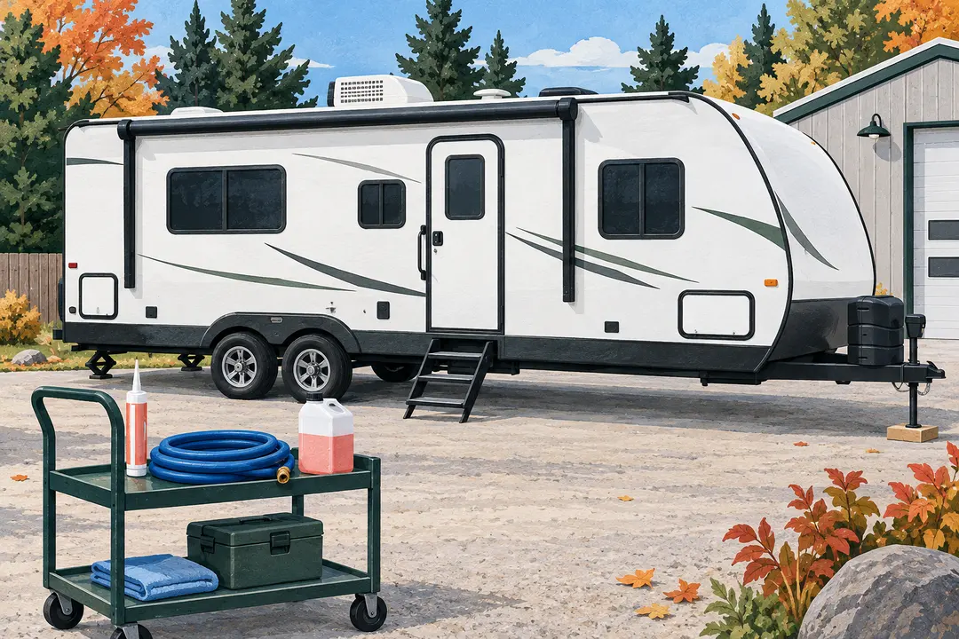 Illustration of a parked travel trailer beside a trolley with seasonal-service supplies.