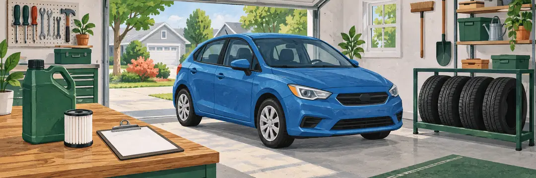Illustration of a blue car, oil-change supplies and replacement tires in a bright garage.