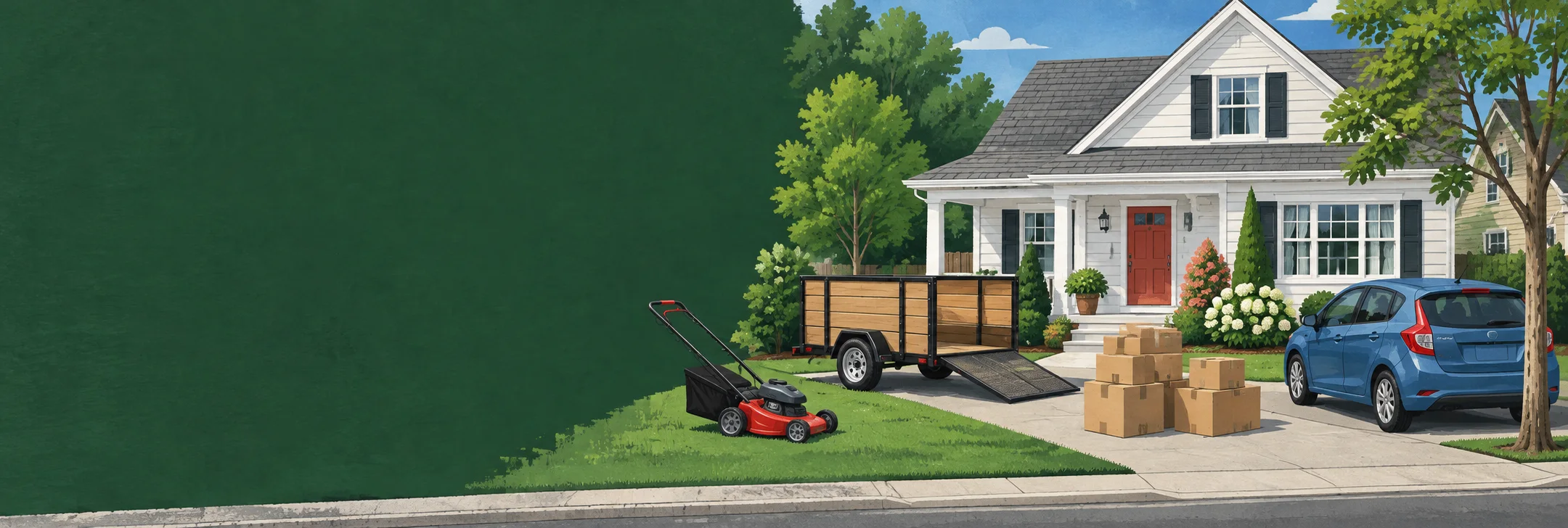 Editorial illustration of a home, lawn mower, moving boxes, hauling trailer and car.